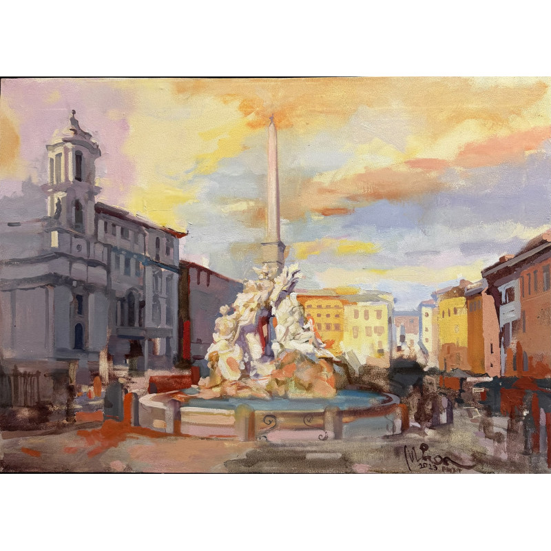 Gheorghe Miron "Piazza Navona Roma" Olio su tela 50 x 70 cm, 2023 , Firmato e Certificato