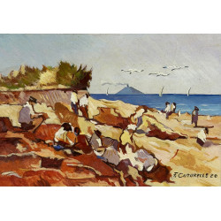 Franco Cuturello - Bagnanti sugli scogli - Olio su tavola - 2023 - 18x25 cm - Firmato