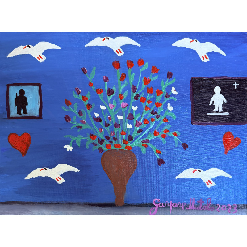Gaspare Mutolo – Olio su Tela 30×40 cm (2023) | Vaso di Fiori, Cuori e Simboli | Opera Firmata