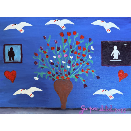 Gaspare Mutolo – Olio su Tela 30×40 cm (2023) | Vaso di Fiori, Cuori e Simboli | Opera Firmata