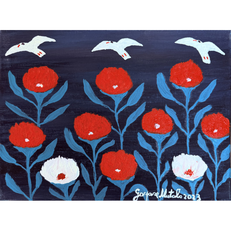 Gaspare Mutolo – Olio su Tela 30×40 cm (2023) | Fiori Rossi e Gabbiani | Opera Firmata