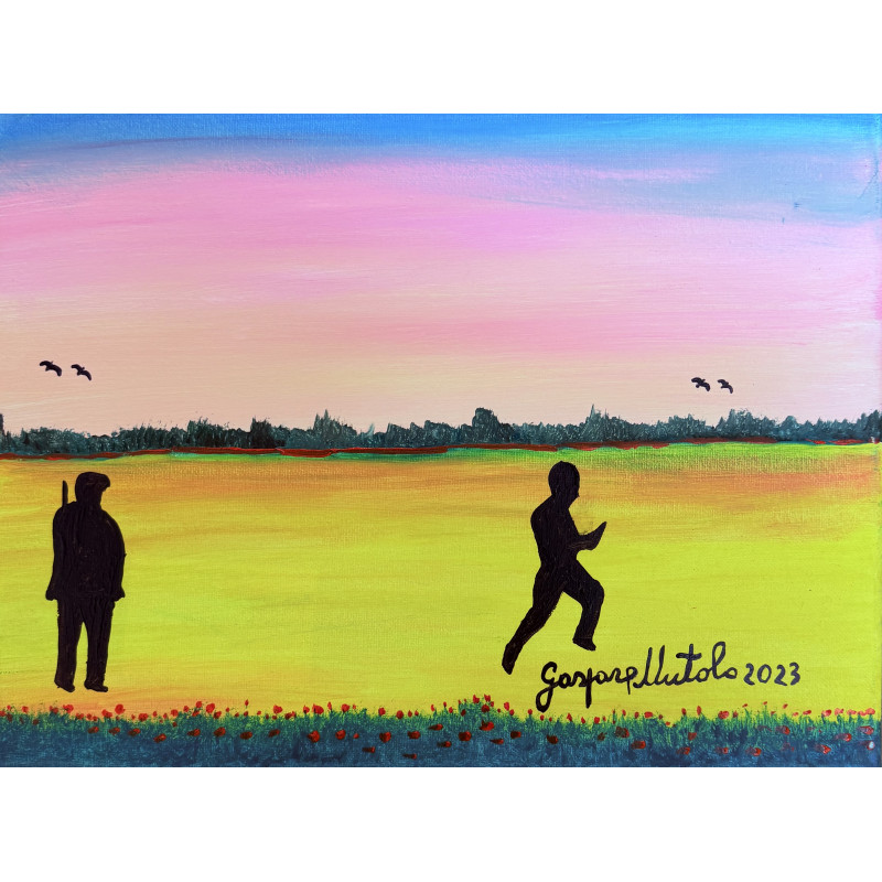 Gaspare Mutolo – Olio su Tela 30×40 cm (2023) | Paesaggio con Figure e Fiori Rossi | Opera Firmata