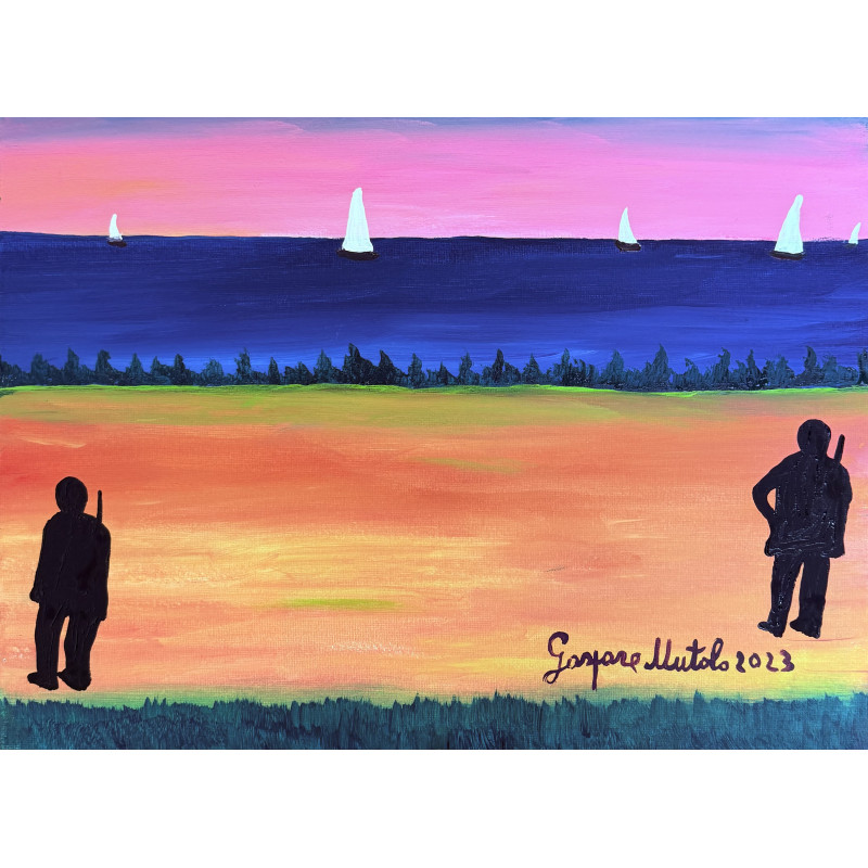 Gaspare Mutolo – Olio su Tela 30×40 cm (2023) | Paesaggio Marino con Figure | Opera Firmata