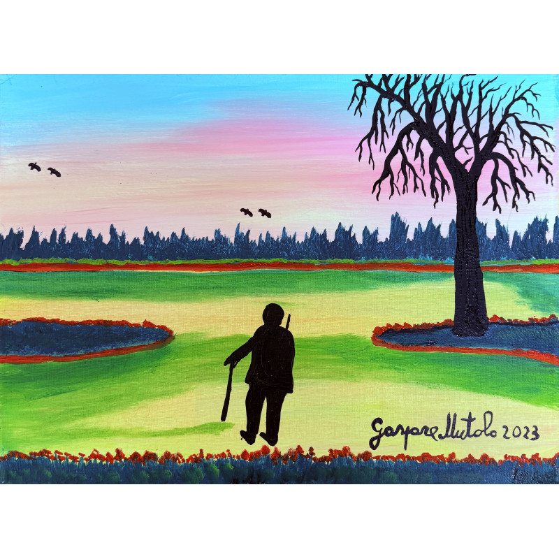 Gaspare Mutolo – Olio su Tela 30×40 cm (2023) | Figura Solitaria e Albero Spoglio | Opera Firmata