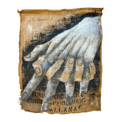 Paola Alviano Glaviano – Ti lascio – Olio su iuta 50x70 cm (1999) | Opera d’arte materica