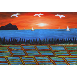 Gaspare Mutolo – Tramonto sul Mare e Campi Coltivati | Olio su Tela 100×70 cm (2020)