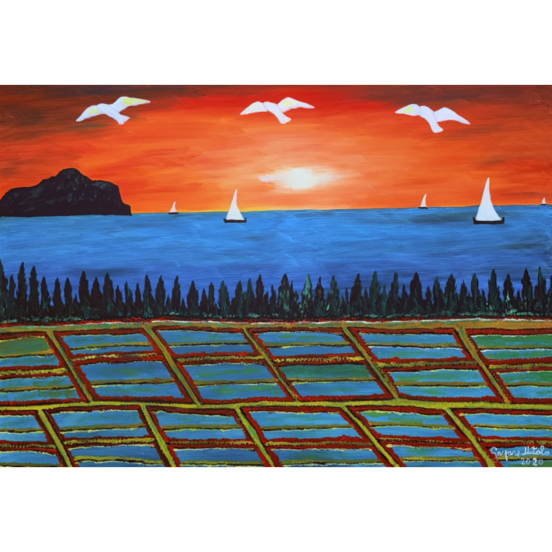 Gaspare Mutolo – Tramonto sul Mare e Campi Coltivati | Olio su Tela 100×70 cm (2020)