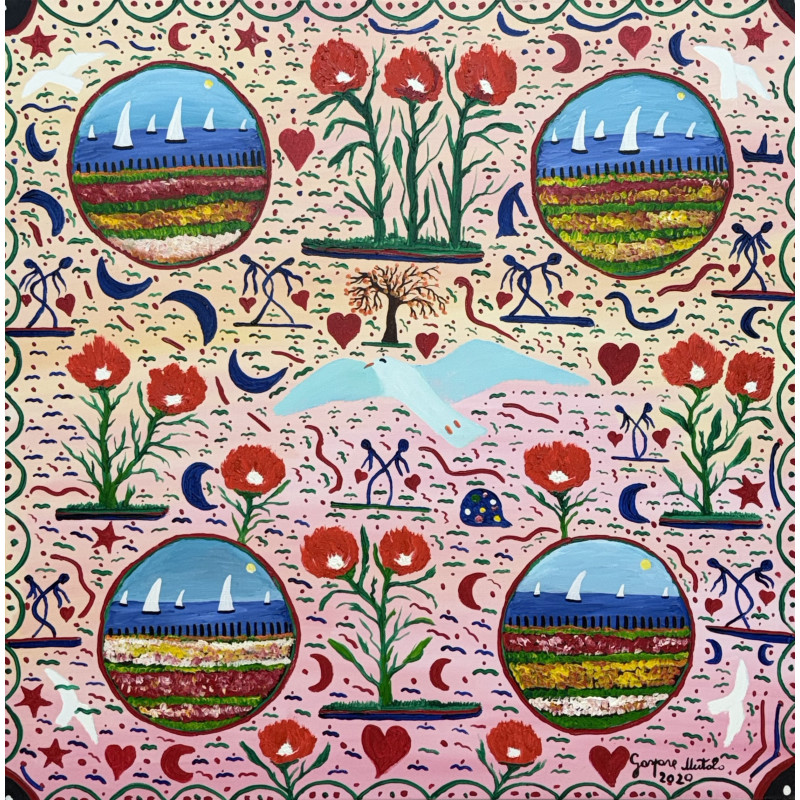 Gaspare Mutolo – Composizione Simbolica su Fondo rosa| Olio su Tela 80×80 cm (2020)