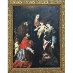 Olio su Tela Scena Sacra – Madonna con Bambino, Santi e Cardinale | Opera Moderna con Cornice Barocca