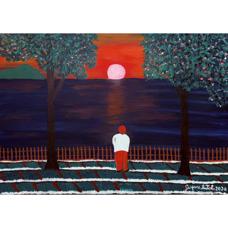 Gaspare Mutolo – Tramonto sul Mare con Figura Solitaria | Olio su Tela 50×70 cm (2020)