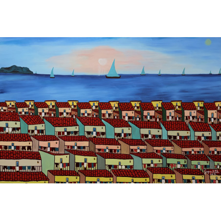 Gaspare Mutolo – Paesaggio Marino con Case e Vele | Olio su Tela 100×160 cm (2021)