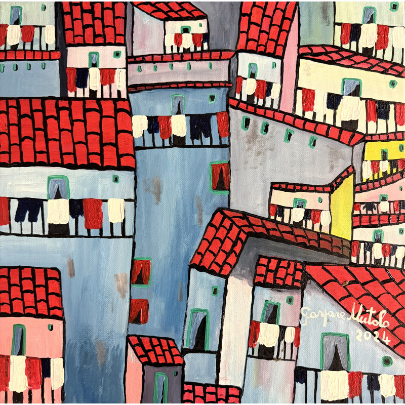 Gaspare Mutolo – Borgo naïf | Olio su tela 40×40 cm