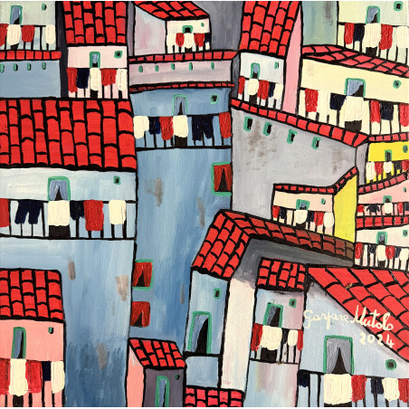 Gaspare Mutolo – Borgo naïf | Olio su tela 40×40 cm