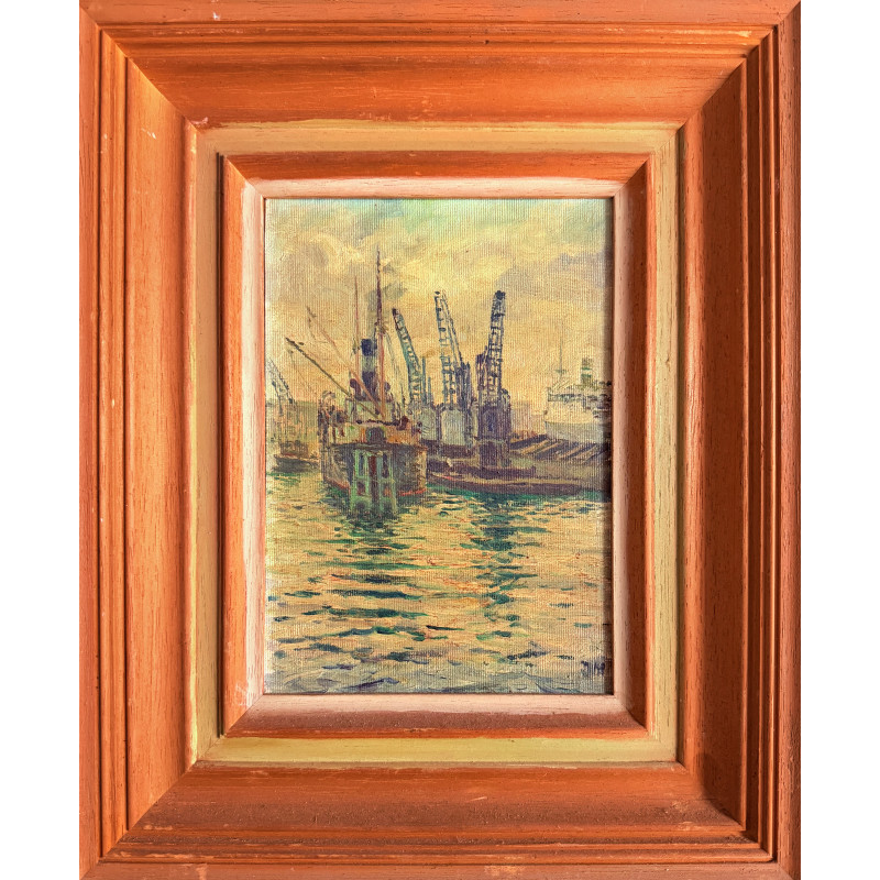 Paesaggio portuale – Olio su tavola 37 x 30,5 cm | Opera d’epoca