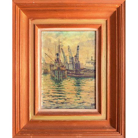 Paesaggio portuale – Olio su tavola 37 x 30,5 cm | Opera d’epoca