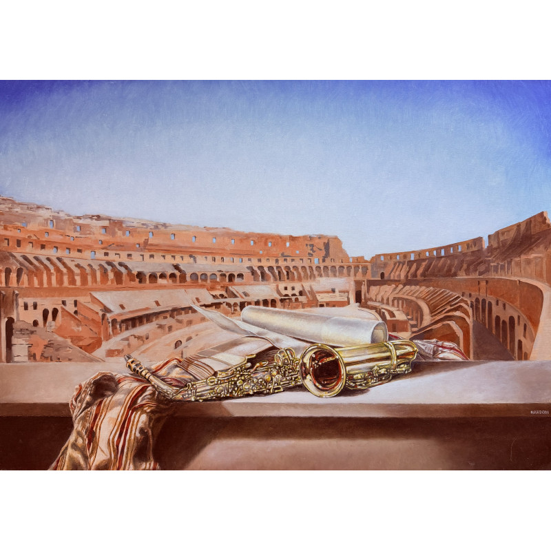Sergio Nardoni – Assolo per sax al Colosseo | Olio su tela 50×70 cm