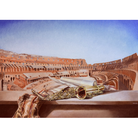 Sergio Nardoni – Assolo per sax al Colosseo | Olio su tela 50×70 cm