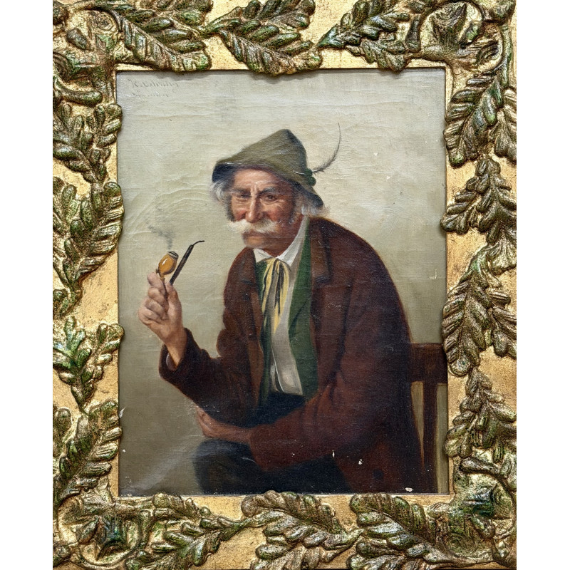 Ritratto di anziano con pipa – Olio su tela anonimo metà ’900