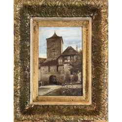 Olio su tavola metà ’900 – Paesaggio con borgo fortificato | Opera con cornice