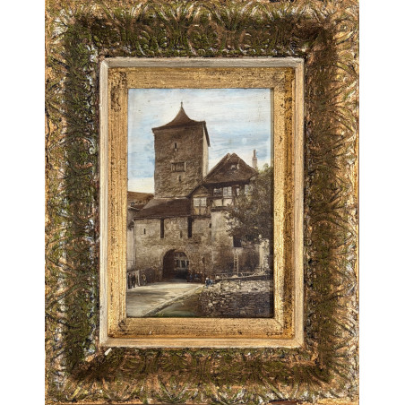 Olio su tavola metà ’900 – Paesaggio con borgo fortificato | Opera con cornice