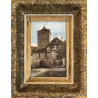 Olio su tavola metà ’900 – Paesaggio con borgo fortificato | Opera con cornice