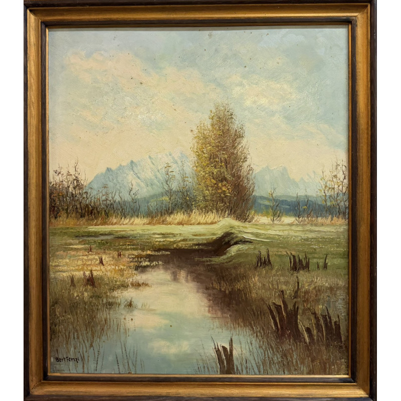 Paesaggio con specchio d’acqua, olio su tela, 69x78,5 cm con cornice