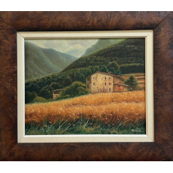 Casa di campagna tra i campi - olio su tela , 59x51 cm con cornice