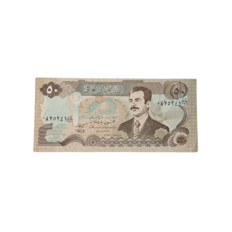 Banconota Iraq 50 Dinars – Ritratto di Saddam Hussein – Ponte Monumentale – Anni ’90