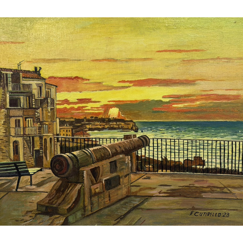 Franco Cuturello – Tramonto al cannone | Olio su Tavola 23x27 cm (2023)